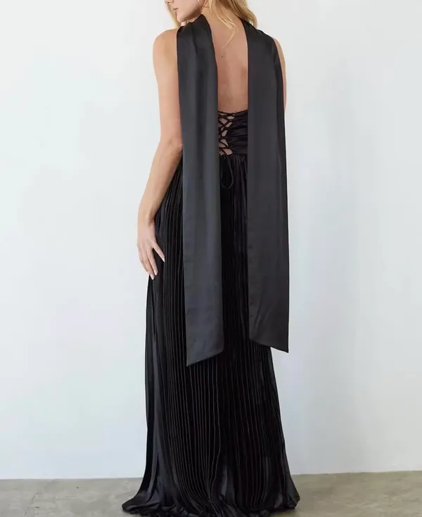 Black Pleated Formal Maxi Dress with Scarf - Image 6