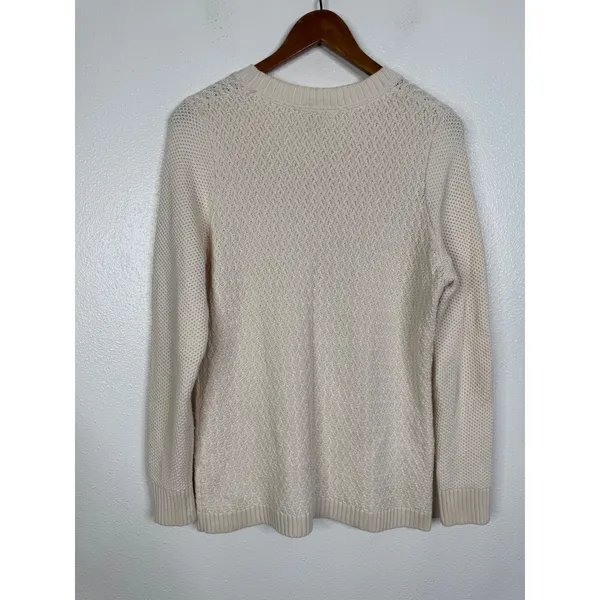 LL Bean Womens‎ Cream Cotton Textured Diamond Knit Crewneck Sweater 290401 Large - Image 2