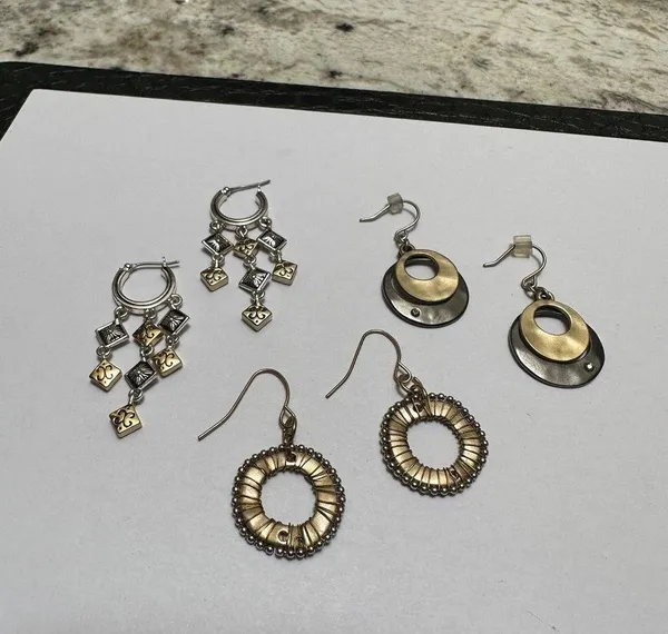 Lot Of 3 Women’s Two Tone Metal Pierced Earrings Dangle Drop - Image 4
