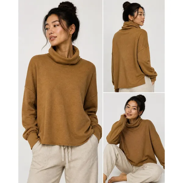 Aerie Good Vibes Turtleneck‎ Sweatshirt Tan Camel Oversized Pullover Women's L - Image 2