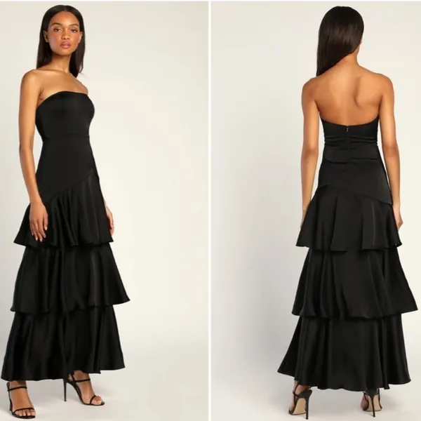 LULUS Prom Wedding Bridesmaid Tiered Ruffles Bohemian Satin Black Maxi Dress - Image 3