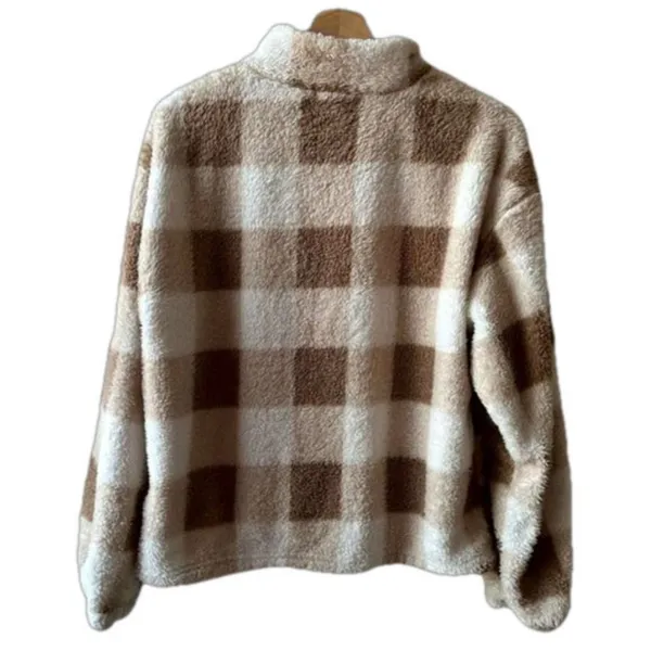 Forever 21 Tan Plaid Sherpa Medium Half Zip Pullover Teddy Bear Fleece Gingham - Image 2