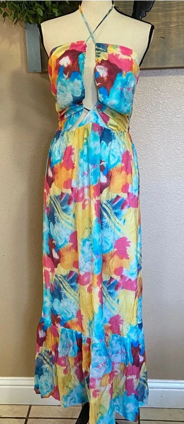 NWOT Lulus Stunning One Multi Abstract Print Drawstring Halter Maxi Dress - Image 2