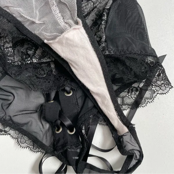 Victorias Secret Body Suit Nighty Thong Lace Plunge Neck Corset Lace Up Black - Image 14
