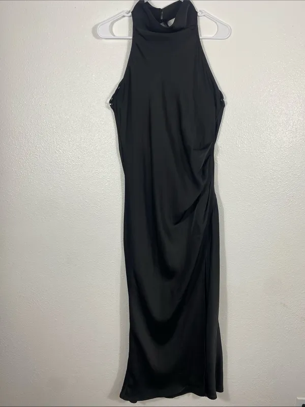 Hello Molly Black Halter Satin Maxi Dress with Side Slit Size L US8 - Image 4