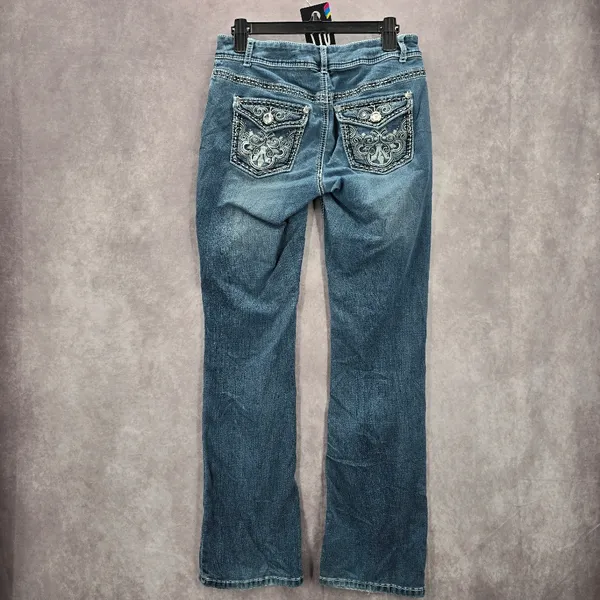 Blue Embroidered Stud Rhinestone Straight Leg Stitch Denim‎ Pants Jeans 10 - Image 2