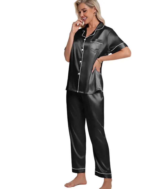 Women's Satin look/ feel Pajama Set - Black with White Piping - Image 6