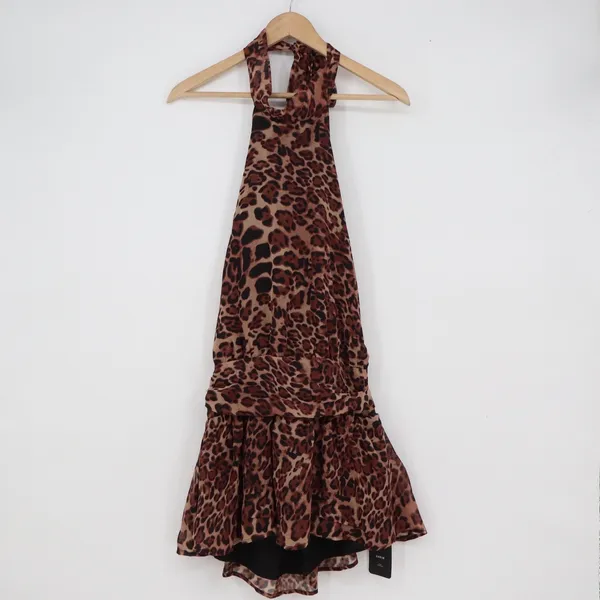 SHEIN Haute Leopard Print Halter Mini Dress Brown Ruffled Hem Size M - Image 2