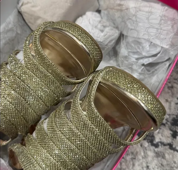 Chinese Laundry Impress' Metallic Gold Glittered Caged Platform Heels - Image 7