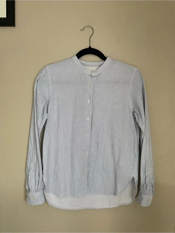 Muji Stand Alone Collar Button Front Long Sleeve Size XS Cotton Micro Stripe - Image 6