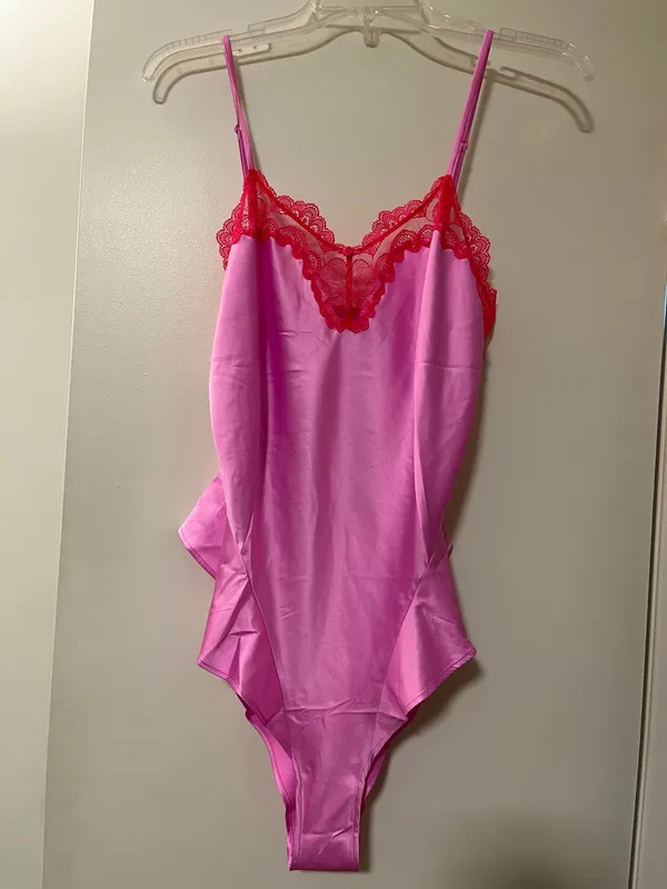 NWT SKIMS Woven Shine Lace Teddy Neon Orchid Pink Red M - Image 4