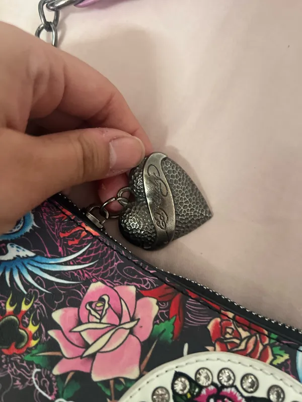 Ed Hardy Black Shoulder Bag with Pink Accents and Skull Rose Motif - Image 2