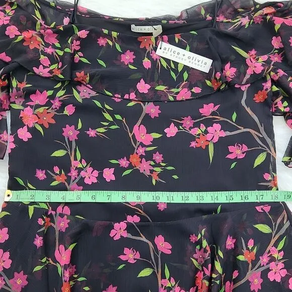 Alice + Olivia Black Floral Silk‎ Chiffon Lexis Sakura Mini Dress Off Shoulder 6 - Image 7