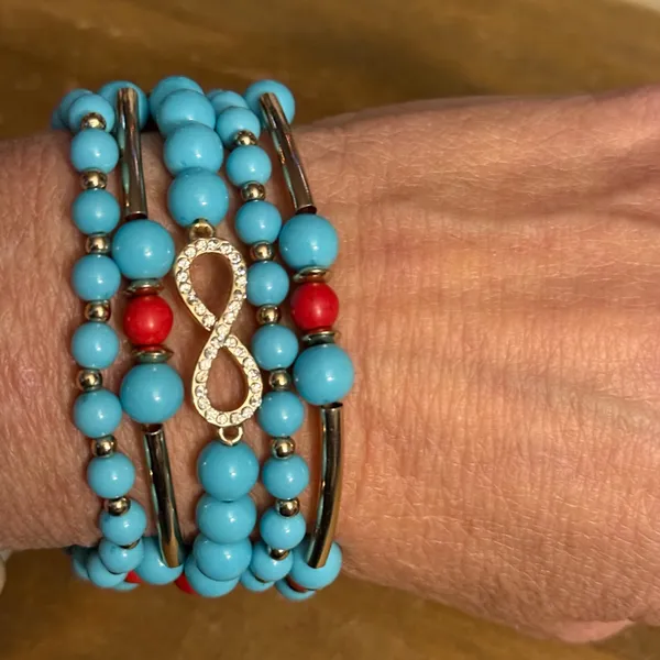 Turquoise and red bead pave infinity stretch bracelets Blue - Image 3
