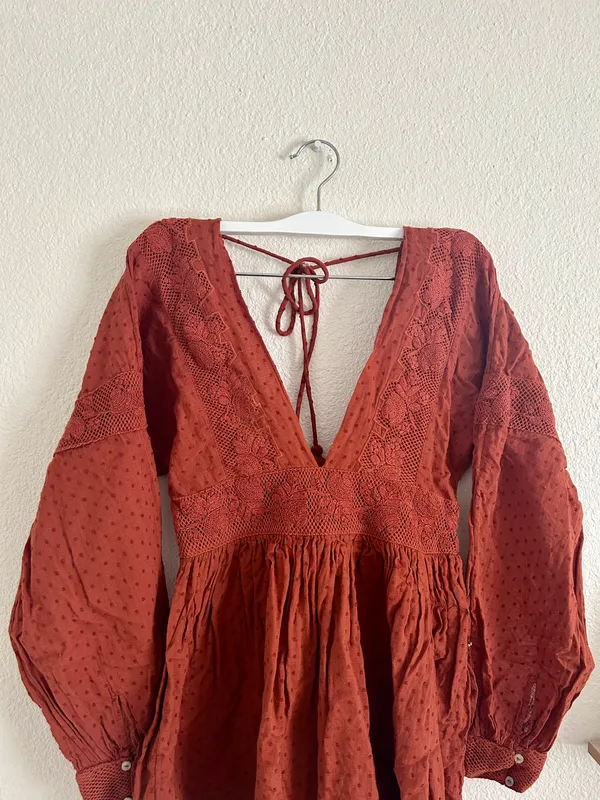 Free People Orange Long Sleeve Sugar Pie Babydoll A line Dress - Image 4