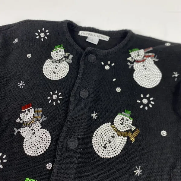 Victoria Jones Cardigan Sweater Womens‎ Medium Black Snowman Ugly Christmas - Image 2