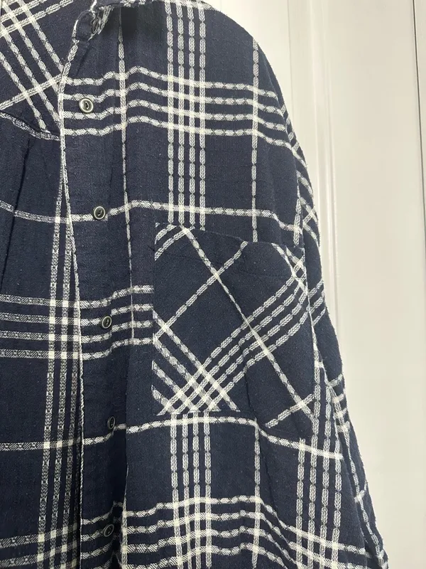 Free People Oversized Navy & White Flannel Plaid Button-Up Shirt - Image 7