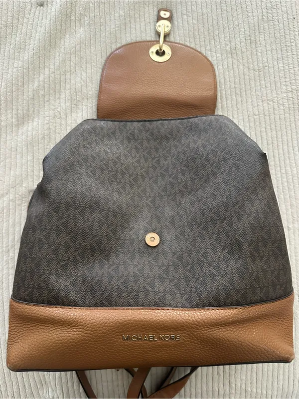 Michael Kors Raven Brown Logo Backpack with Tan Leather Trim - Image 4