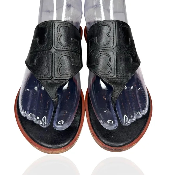 Tory Burch Jamie Size 6.5 Full Logo Thong Sandals‎ Black Leather S/N 48275 - Image 2