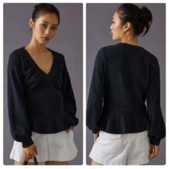 Anthropologie Women's Black V-Neck Ruched Peplum Top Size Small - Image 2
