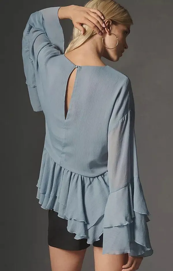 Anthropologie NWT Long-Sleeve Ruffled Tunic Blue Blouse. Size Small - Image 4