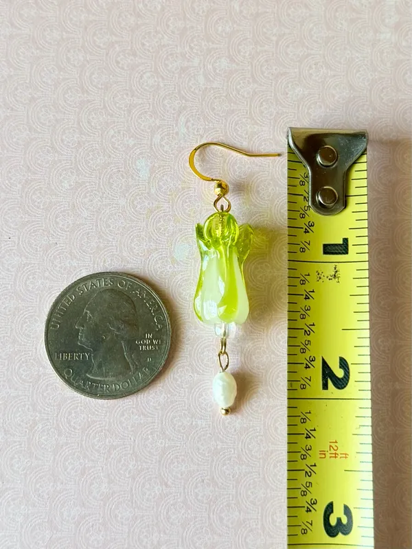 Handmade lamp work cabbage & freshwater funky boho fairy cute unique dangle earrings 🥬✨ - Image 5