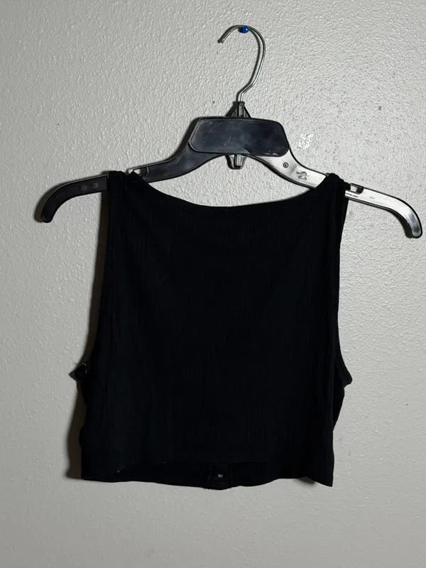 Madewell Women Minimalist Neutral Black Ribbed Button-Front Crop Tank Top size M - Image 5