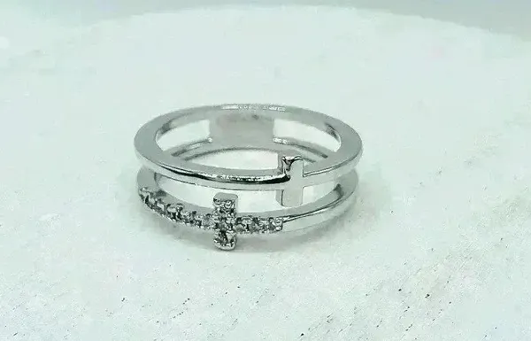 Silver Double Cross Rhinestones Ring Size 7 - Image 3