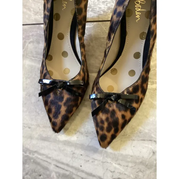 Boden Leopard Print Calf Hair Pointed Toe Bow Pumps Brown Heels 38.5 - Image 5