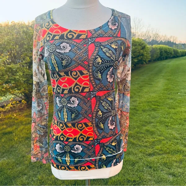 Vocal Rhinestone Embellished Mesh Top | Boho Y2K Graphic Print Long Sleeve M - Image 6