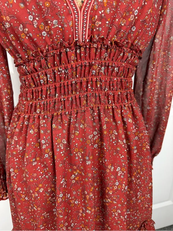 Max Studio Floral Smocked Waist Mini Dress Size S Rust Red Boho Fall - Image 4