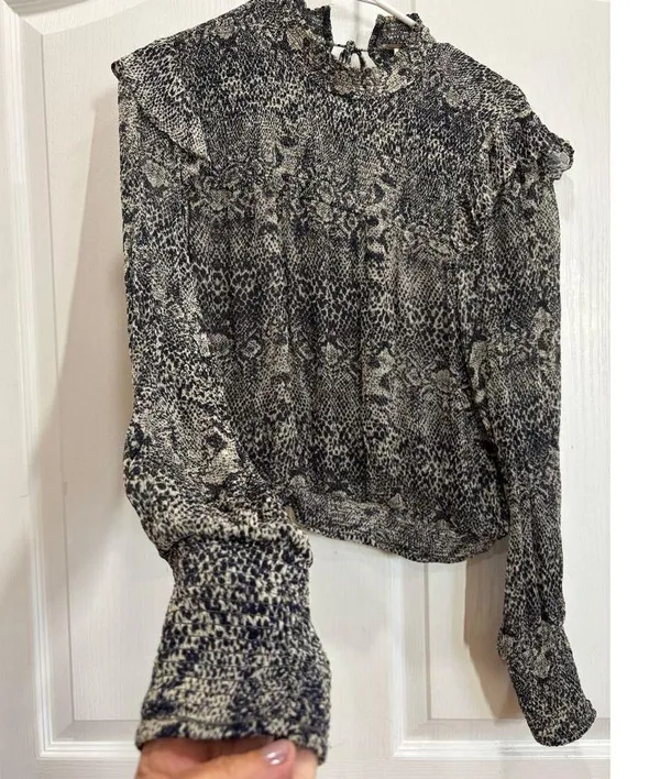 Free People Women S/P Roma Chiffon Snake Ruffle Long Sleeve Blouse Animal Print - Image 3