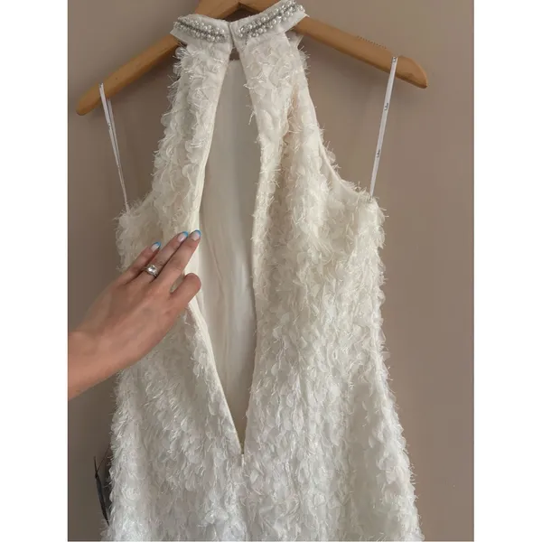 Lulus Absolutely Luxe Cream Textured Pearl Halter Mini Dress Size Medium Bridal - Image 9