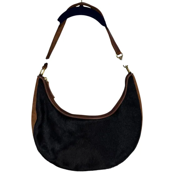 Floral Embroidered Pony Hair Crescent Hobo‎ Bag Black Brown Leather Strap Boho - Image 7