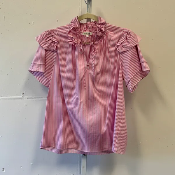 Patty Kim Pink White Striped Ruffle Neck Tiered Sleeve Blouse Medium Boho - Image 2