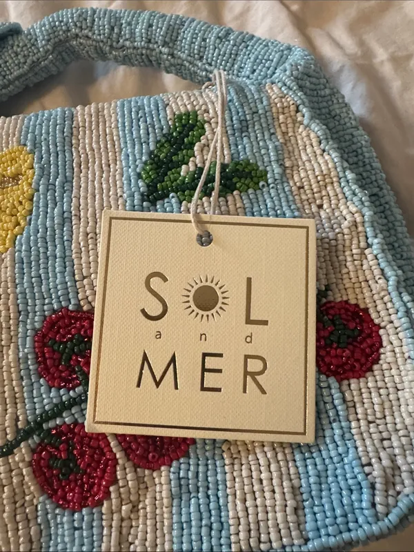 Sol and Mer Beaded Light Blue Striped Top-Handle Bag with Pasta and Tomato Motif - Image 2