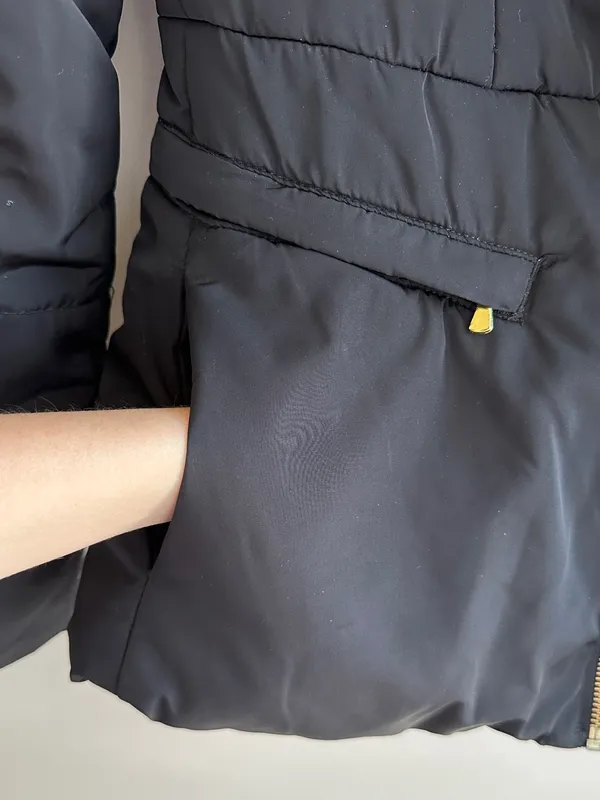 attention Black Fitted Puffer Jacket, Wide Collar, Gold Hardware, Size Small - Image 11