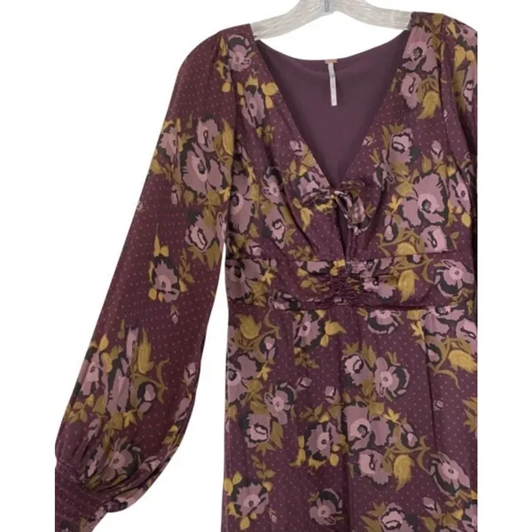 Free People $128 Morning Light Purple Plum Fall Floral V-Neck L/S Mini Dress 8 - Image 5