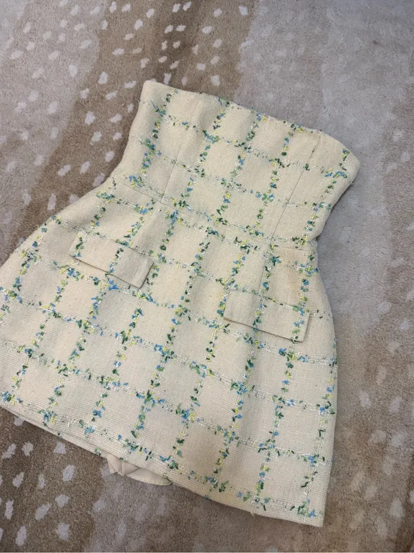 Amanda Uprichard Bethany Tweed Strapless Skort Romper Size L Cream Plaid - Image 3