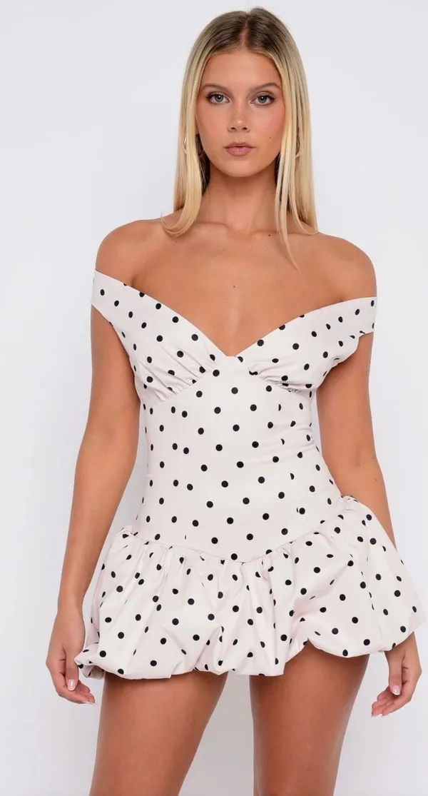 White Fox The Moment I Met You Mini Dress Cream Black Polka Dot XS - Image 2