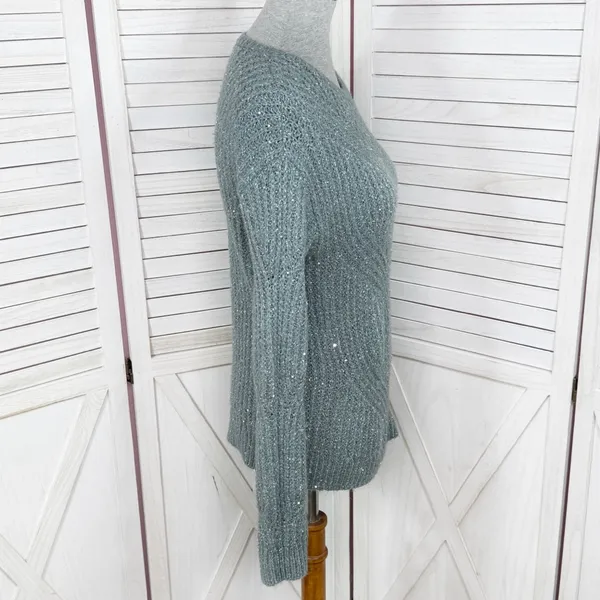 Nine West Scalloped Sleeve‎ Sequin Shimmer Sweater Sage Green Silver XS - Image 3