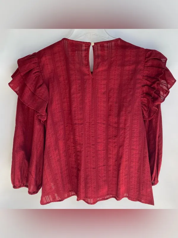 Deep red billowy sleeves ruffle shoulder blouse fall prairie boho peasant top L - Image 7