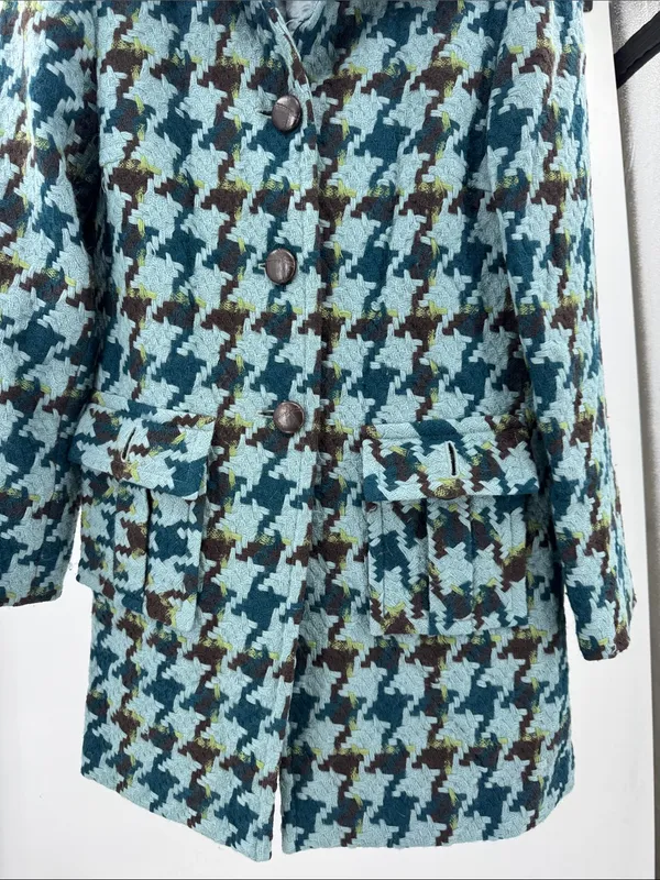 Anne Klein Teal and Brown Houndstooth Worsted Wool Peacoat S winter preppy - Image 6