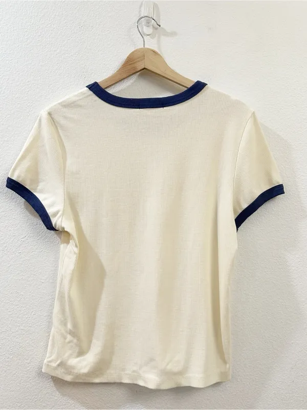 Marine Layer Lexi Rib Ringer Tee Cream & Bay Blue Size Large - Image 7