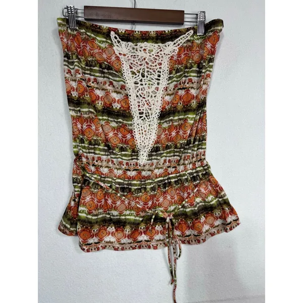 Weavers Boho Crochet Trim Printed Peplum Tube Top Rust‎ Olive Size XL New - Image 3