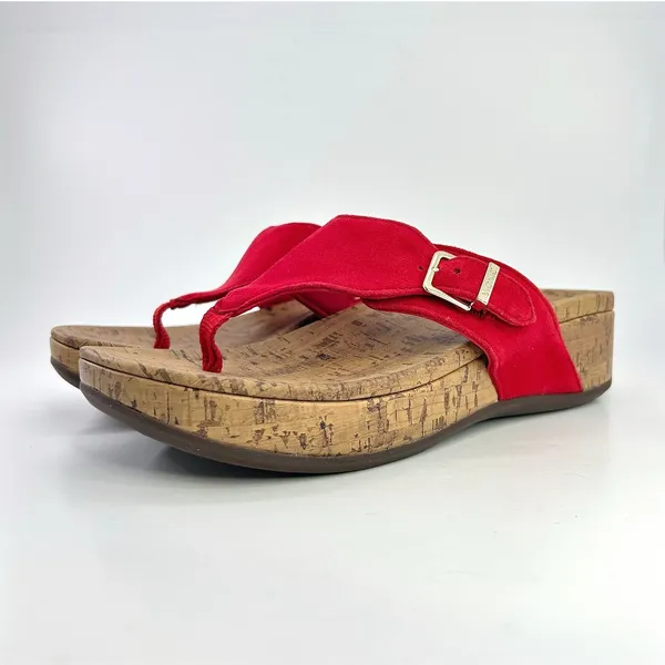 Vionic Orthaheel Marbella Red Textile Thong Buckle Cork Wedge Sandals 8W Coastal - Image 4