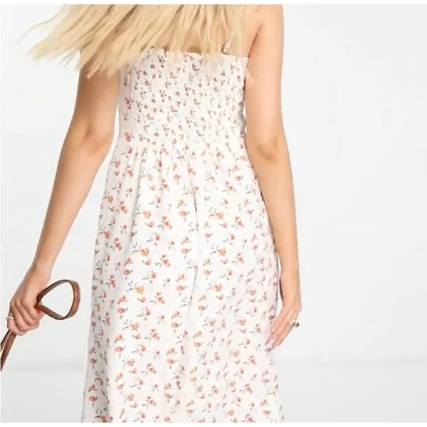 Abercrombie & Fitch Cinch Front Midi Dress Peach Print Sz L - Image 3