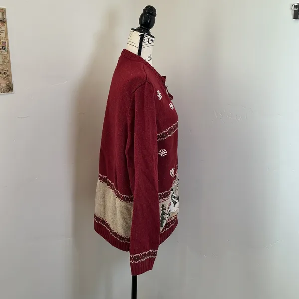 Croft & Barrow Snowman Holiday Zip Up Cardigan Red Festive Snowflake XL Vintage - Image 5