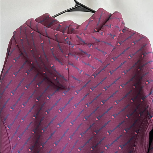 Champion Reverse Weave Hoodie Small Women's All Over Logo Print Burgundy Maroon - Image 7