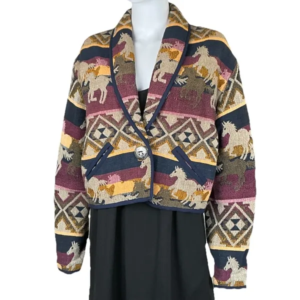 Vintage Carolina Colours Southwestern Tapestry Jacket Tribal Aztec Horses Size S - Image 5